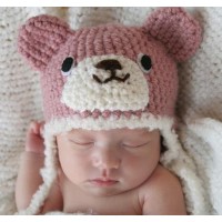 可愛嬰兒手鈎冷帽 - 粉紅小熊